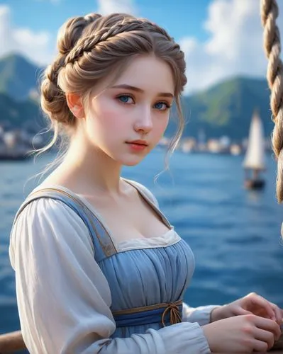 Create a photo realistic in William-Adolphe Bouguereau style of a beautiful women has a curvy body, white skin, flowing long bun hair, natural blue eyes, and wearing simple mini dressed. Realistic han