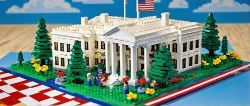 Washington D.C., The White House, Lego bricks, miniature, intricate details, American flag, blue sky, sunny day, soft shadows, precise angles, 3/4 composition, close-up of Lego figures, tiny trees, sm