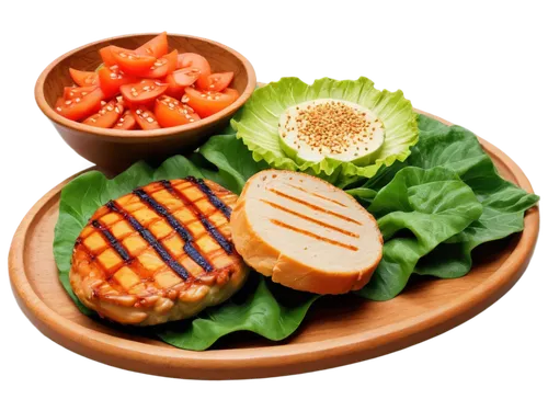 grilled chicken, BBQ theme, summer outdoor, juicy meat, golden brown skin, savory sauce, crispy edges, tender flesh, lettuce leaves, tomato slices, bread bun, sesame seeds, wooden plate, natural light