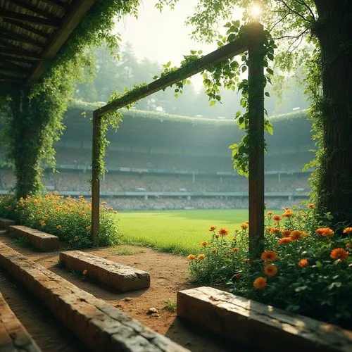 Incorporating forest elements, sports field, stadium, lush greenery, vines crawling up goalposts, trees surrounding the track, flowers blooming in vibrant colors, natural stone benches, wooden fences,