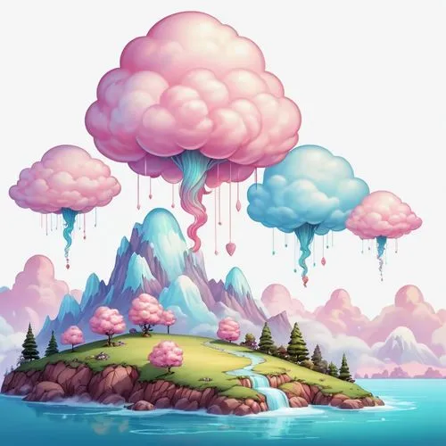 cloudmont,mushroom landscape,mushroom island,cloud mushroom,cloudburst,cloudbase,Illustration,Abstract Fantasy,Abstract Fantasy 11