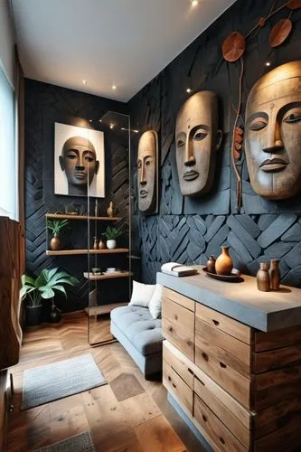 The dimensions and placement of the furniture in the room will remain constant. Large relief sculptures on the wall add a strong ethnic atmosphere to the space. These figures in dark wood or stone app