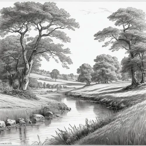 brook landscape,river landscape,the shoals course,watercourses,golf landscape,agricultural scene,Illustration,Black and White,Black and White 26