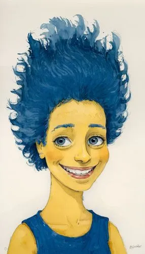 2d,a girl's smile,blue painting,pixie-bob,bjork,yellow and blue,afro,cartoon character,cynthia (subgenus),sonic the hedgehog,rockabella,smurf,woman frog,caricature,tangelo,silphie,anthropomorphized,grin,blu,girl portrait,Illustration,Paper based,Paper Based 22