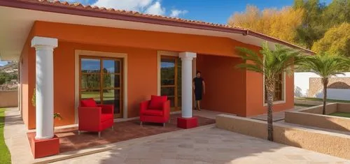 UNA CASA ESTILO MEXICANO, CON COLORES VIBRANTES, USO DE CANTERA,PISOS DE BARRO ROJO, TABIQUE Y ELEMENTOS REGIONALES MEXICANOS, UBICADA EN UN ENTORNO CAMPIRANO, CON COLUMNAS CIRCULARES DEE CONCRETO, AR