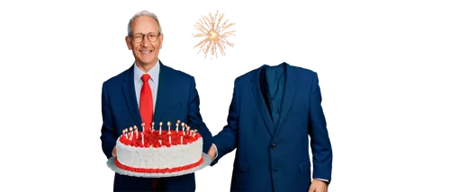 Happy old man, 58 years old, smiling face, wrinkles, gray hair, glasses, suit, tie, holding cake with candles, solo, standing, warm lighting, shallow depth of field, cinematic composition.,lenderman,h