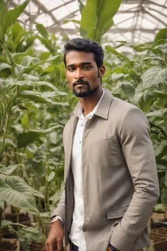 Professional Headshots，Professional，Agricultural Tech Startup,little smile on face, indian dusky skin,man posing for picture in front of large plant in greenhouse,dhanush,muralitharan,somasundaram,suk