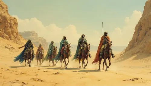 samarra,camel caravan,fremen,guards of the canyon,rohirrim,ghadeer,Illustration,Realistic Fantasy,Realistic Fantasy 29