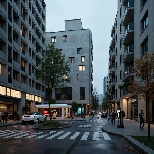 Industrial urban landscape, brutalist architecture, rugged concrete walls, exposed ductwork, angular lines, raw industrial materials, electric vehicle charging stations, sleek modern machinery, neon-l