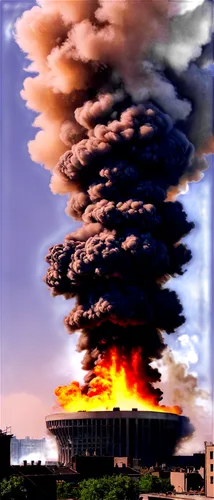 Nuclear explosion, massive mushroom cloud, orange-yellow flames, shockwave ripple effect, destroyed buildings in background, debris flying everywhere, intense bright light, smoke and fog rolling in, 3