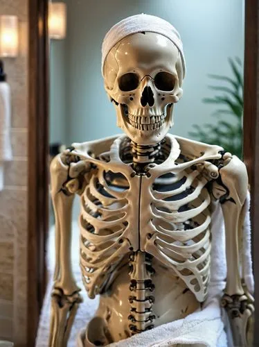 skin care, a human skeleton , Towel,Mirror,Personal Care,Shower Gel,Spa Day,skeleltt,vintage skeleton,waiting staff,human skeleton,skeletal,skeleton,day of the dead skeleton,calcium,skull statue,skele