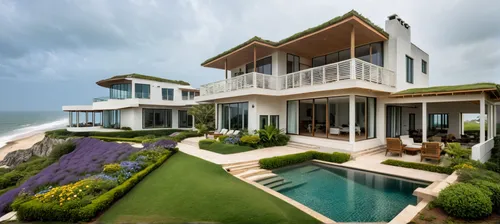 Nestled along the coastline of Florida, a breathtakingly beautiful White 21 century style House Style  commands a panoramic view of the ocean, and large waves, perched majestically on the edge of impo