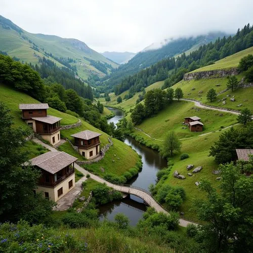 Rolling hills, meandering streams, lush green forests, wildflower fields, rural landscape, traditional regional architecture, rustic stone walls, wooden bridges, curved tile roofs, earthy color palett