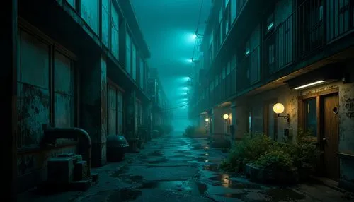 Dark cyan mysterious atmosphere, eerie glowing accents, foggy misty environment, abandoned industrial architecture, rusty metallic structures, worn concrete walls, dimly lit corridors, flickering fluo