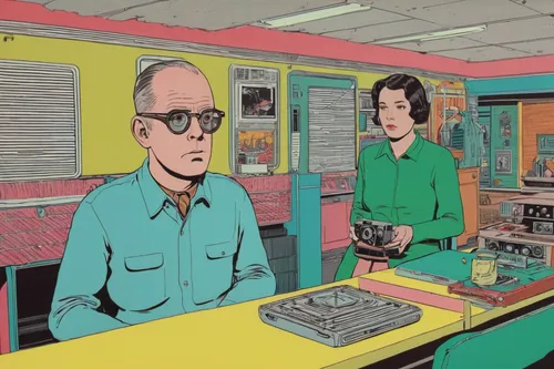 breaking bad,synthesizers,record store,modern pop art,cool pop art,pop art people,the boiler room,old elektrolok,computer art,computer room,neon human resources,adobe illustrator,cybernetics,moog,smart album machine,man with a computer,cassette records3r,trip computer,pop art style,synthesizer,Illustration,American Style,American Style 15