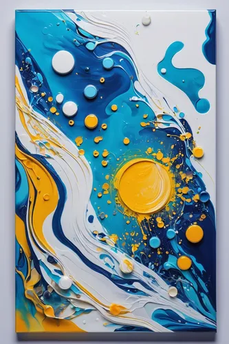 Immerse yourself in the soothing process of wax painting.,pour,fluid,water splash,sea water splash,milk splash,water splashes,whirlpool pattern,slide canvas,yellow and blue,water waves,oil drop,fluid 