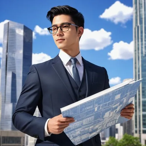 Male, young adult, suit, glasses, short black hair, clean shave, holding a blueprint, standing in front of a modern skyscraper, urban cityscape, sunny day, clear blue sky, few white clouds, architectu