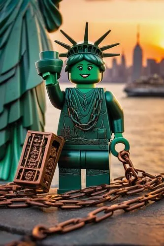 Lego bricks, architectural landmark, Statue of Liberty replica, copper-green patina, intricate details, majestic pedestal, broken shackles and chains at feet, tablet in hand, crown with seven rays, Ne