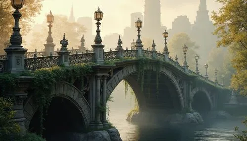 Grand, ornate bridge, Victorian-era inspired, intricate stone carvings, Gothic arches, ornamental iron railings, delicate filigree patterns, majestic lamp posts, bronze statues of mythical creatures, 