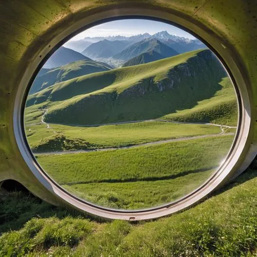 porthole,window to the world,round window,portholes,glimpsing,green mountains,Illustration,Retro,Retro 01