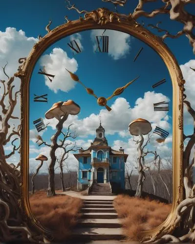 Dalí-esque, surreal landscape, dreamlike atmosphere, vibrant blue sky, fluffy white clouds, melting clock towers, distorted proportions, abstract trees with twisted branches, glowing mushrooms, windin