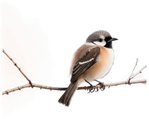 Small snowbird, perched on branch, white feathers, bright black eyes, tiny beak, delicate legs, frosty atmosphere, morning mist, soft winter lighting, 3/4 composition, shallow depth of field, warm col