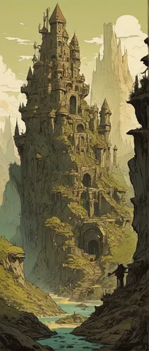 mountain settlement,ancient city,fantasy landscape,ruined castle,ancient buildings,ancient house,mushroom island,stone palace,floating island,witch's house,meteora,karst landscape,knight village,ruins,gold castle,home landscape,stone houses,knight's castle,ruin,castle ruins,Illustration,Children,Children 04