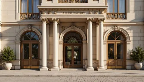 Grandiose laboratory building, neoclassical facade, ornate columns, intricate carvings, symmetrical composition, grand entrance, bronze doors, elegant archways, limestone walls, subtle texture, soft n