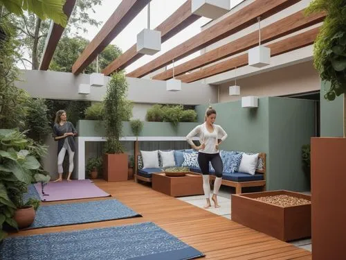 PERGOLA  EXTERNA , VISTA DE DIA PISO DE MADERA Y CERAMICAS CON TAPETES PARA HACER YOGA EN ZONA DE DUELA UNA MUJER EN MALLAS HACIENDO YOGA EN LA PARTE DE ATRAS SOFAS TIPO BOOTS CON TAPICERIA DE TELA  D