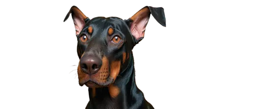 Doberman head, close-up, sharp facial features, black coat, pointed ears, brown eyes, slightly tilted head, aggressive expression, fur texture, detailed wrinkles, morning light, shallow depth of field