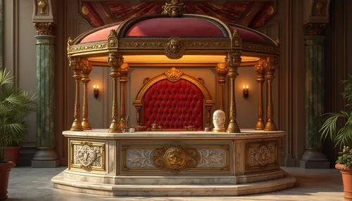 Renaissance style charging station, ornate stone base, intricately carved golden accents, elegant curved lines, luxurious velvet upholstery, antique bronze fixtures, majestic lion's head motifs, regal