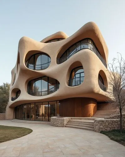  ,large modern building with multiple circular windows and staircases,pedrera,dunes house,modern architecture,cubic house,honeycomb structure,futuristic architecture