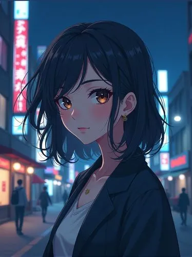 A (pretty girl), anime, Japan animation background, 80mm camera lens, wide angle, night view, city, building, edge, high detail,a woman in a jacket standing on a street,takemi,shimei,akiba,niijima,kod