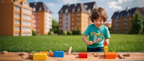 Colorful modern architecture, toy blocks, building sets, 8-year-old kid, excited expression, blue eyes, messy brown hair, casual clothes, T-shirt, jeans, sneakers, holding a toy hammer, standing in fr