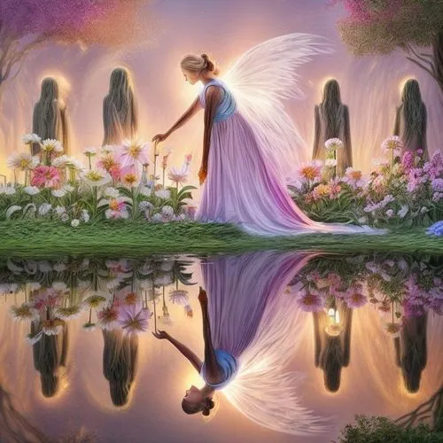 In a twilight garden, a woman with wings of compassion tends to a garden of souls. Each flower she nurtures blooms with vibrant colors, representing the lives she touches. Yet, her own petals remain c