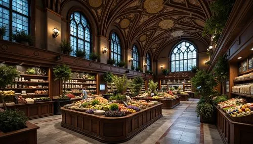 Gothic-inspired grocery store, ornate stone fa\u00e7ade, stained glass windows, intricate archways, ribbed vaults, dark wood accents, rusty metal details, dim warm lighting, rich textiles, mysterious 