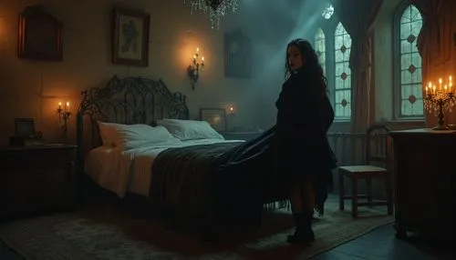 Dark academia, dorm room, steel frame bed, solo, mysterious girl, 18yo, pale skin, bold eyebrows, black lipstick, curly dark hair, lace gloves, fishnet stockings, leather boots, velvet cloak, ornate c