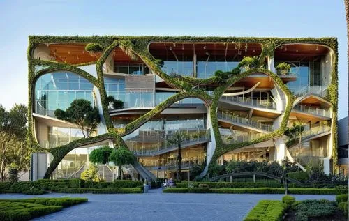 an apartment building with plants growing on the walls,interlace,kifissia,gaudi park,botanical square frame,ecovillages,biospheres,Photography,Artistic Photography,Artistic Photography 09