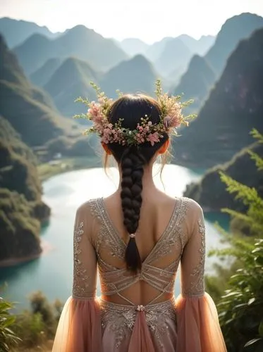 shannara,halong,bridalveil,girl in a long dress from the back,elven flower,hula