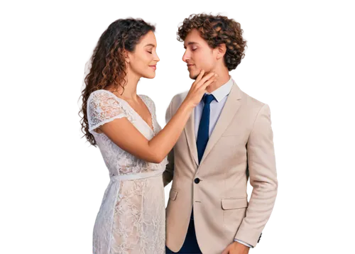 Couple, embracing, kiss, tender moment, soft focus, warm light, gentle smile, loving gaze, fluttering eyelashes, curly brown hair, sweet lips, soft skin, white lace dress, elegant suit, holding hands,