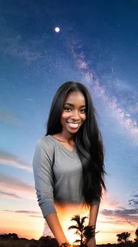 a woman standing under the stars and the night sky,monifa,dusk background,blurred background,photo shoot with edit,star sky,green screen