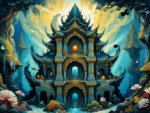 amazing fractal,a painting of an elaborate building in the ocean,fairy tale castle,magorium,fairy house,portal,fractal environment,labyrinthian,Illustration,Realistic Fantasy,Realistic Fantasy 25