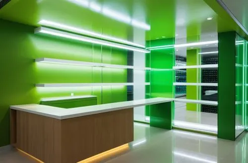 a room with a desk, shelves and other items in it,flavin,led lamp,green electricity,dispensary,walk-in closet,aaaa,Photography,General,Realistic