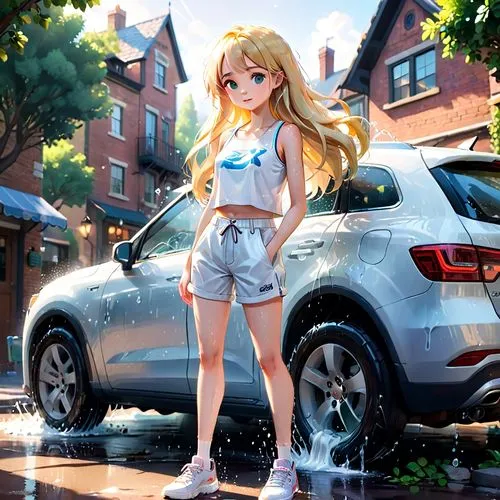 A beautiful young woman,long silky blonde hair, wearing a white tight crop top with a white.cotton shorts, sprayed with water from.head to toe, while washing the car in the bright morning ? Hair,skin,