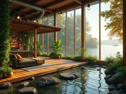 Lakefront factory, green architecture, eco-friendly building, large windows, abundant natural light, wooden accents, living walls, lush greenery, water feature, stepping stones, serene lake view, mist