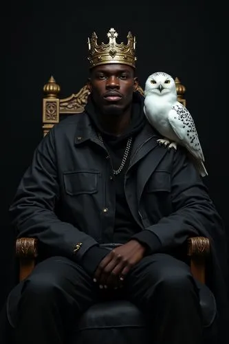 editorial shot, sitting on a throne in a black throne room, of a king who is young slim extremely dark skinn black man, black short bald temp fade, gold crown on his head , wearing a black translucent