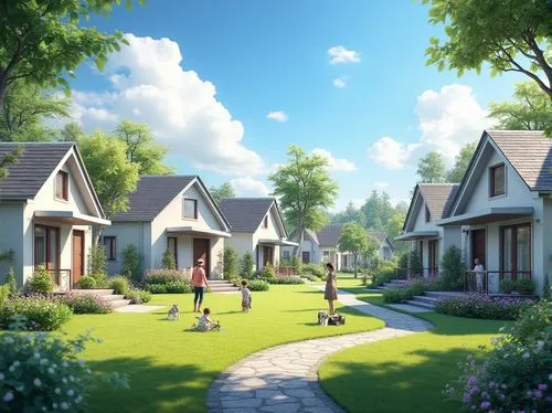 Suburban residential area, peaceful atmosphere, sunny day, blue sky with few white clouds, modern villas, sloping roofs, white walls, large windows, greenery surroundings, beautiful gardens, vibrant f