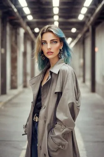 concrete background,woman in menswear,wallis day,menswear for women,women fashion,denim background,portrait background,trench coat,pixie-bob,fashion street,blue hair,turquoise leather,city ​​portrait,artificial hair integrations,portrait photography,portrait photographers,young model istanbul,color turquoise,street fashion,coat color,Photography,Realistic