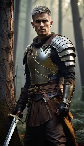 Male, RPG character, heroic pose, determined facial expression, short spiky hair, golden earrings, scar above left eyebrow, muscular chest, leather armor, silver sword at waist, brown boots, standing,