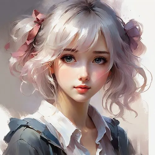 Generate an anime face with blushing cheeks and a shy, downward gaze.,a portrait of an anime girl with curly hair,nanami,girl portrait,natsuki,junko,anime girl,sakamaki,Conceptual Art,Oil color,Oil Co